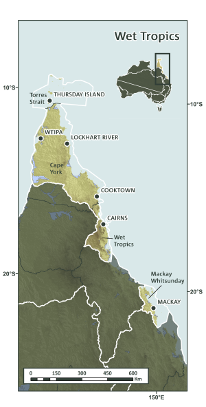 Map of the cluster showing that it covers two areas. The northern-most extends from Thurdsay Island in the north to south of Cairns and Weipa in the west to the east coast. The southern section is a small area surrounding Mackay.