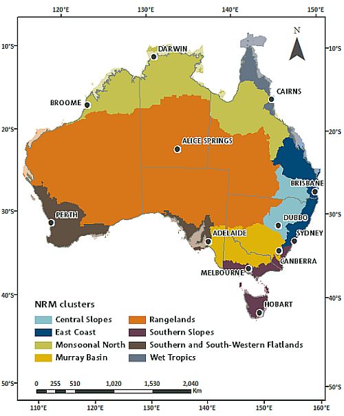 Map showing the eight clusters of Australia used for the climate change projections