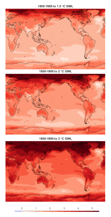 More warming over land, Arctic is a hot-spot, Southern Ocean is a minimum (consistent with what we have observed) 