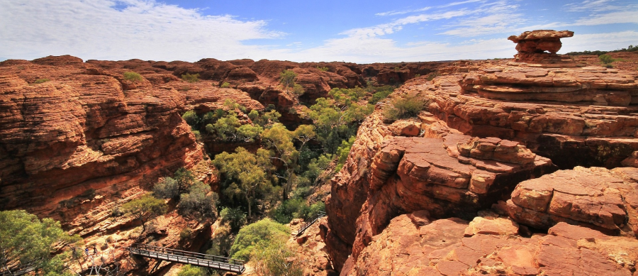 Photograph of The Garden of Eden at Watarrka National Park (Central Australia), showing lush vegetation within a deep ravine, surrounded by red rock formations. There is a set of stairs and a bridge across the lower level of the ravine.